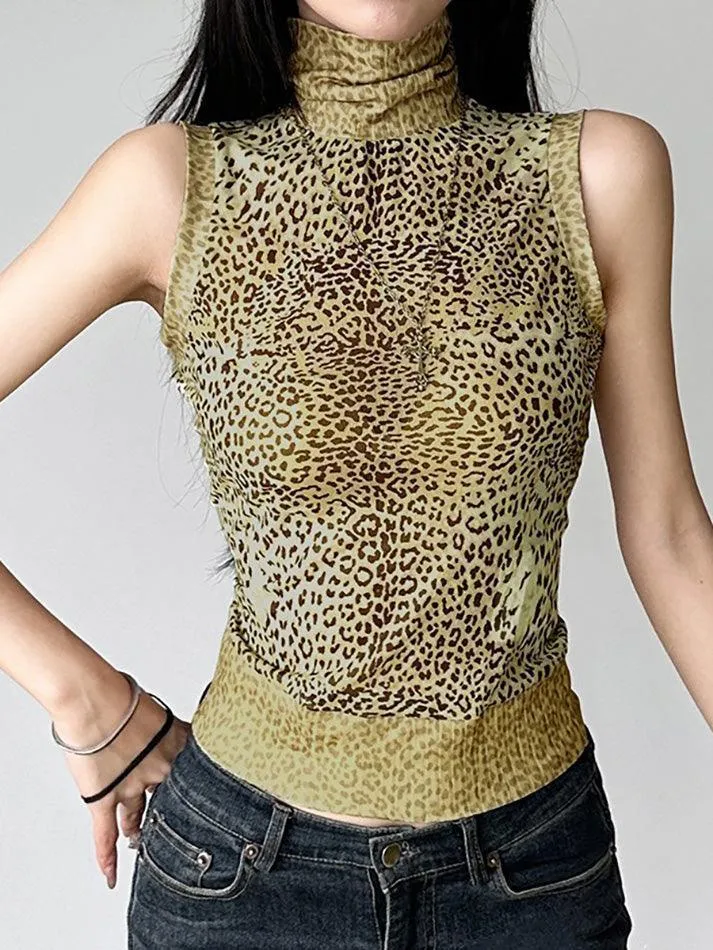 JazzHer Vintage Leopard Print High-Neck Mesh Patchwork Tank Top