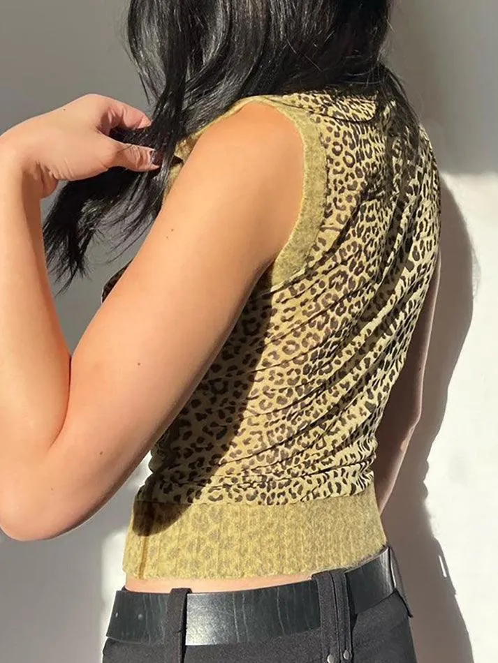 JazzHer Vintage Leopard Print High-Neck Mesh Patchwork Tank Top