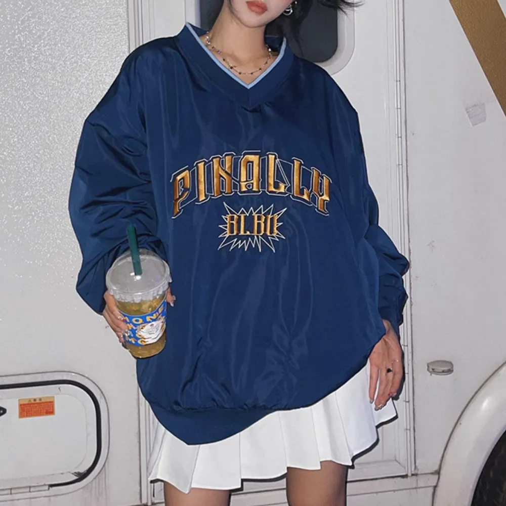 Jersey Letter Embroidery V-neck Sweatshirt