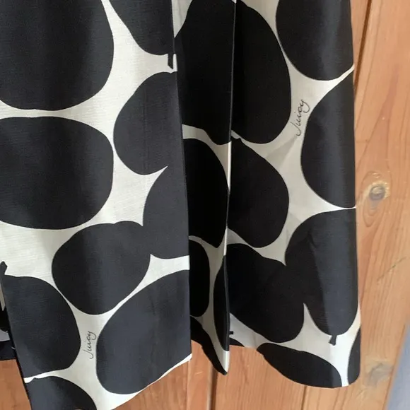 Juicy Couture black and white pear/apple print darted flare silk skirt