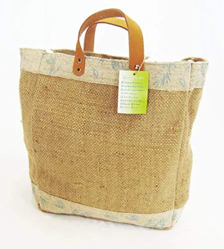Jute-Burlap tote Bag with Leather handle, 2 pack Size : 14" X 11" X 6", Thick burlap canvas women hand bags
