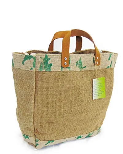 Jute-Burlap tote Bag with Leather handle, 2 pack Size : 14" X 11" X 6", Thick burlap canvas women hand bags