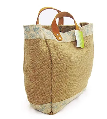 Jute-Burlap tote Bag with Leather handle, 2 pack Size : 14" X 11" X 6", Thick burlap canvas women hand bags