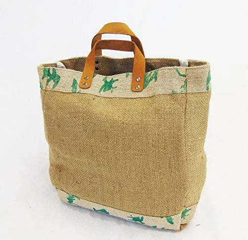 Jute-Burlap tote Bag with Leather handle, 2 pack Size : 14" X 11" X 6", Thick burlap canvas women hand bags