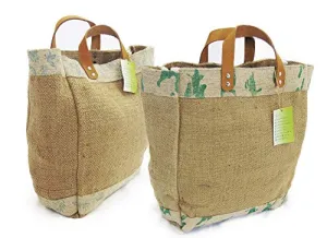 Jute-Burlap tote Bag with Leather handle, 2 pack Size : 14" X 11" X 6", Thick burlap canvas women hand bags