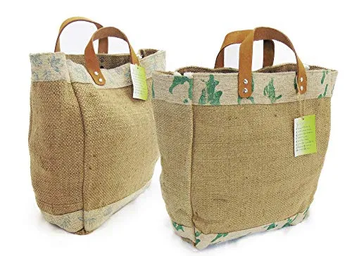 Jute-Burlap tote Bag with Leather handle, 2 pack Size : 14" X 11" X 6", Thick burlap canvas women hand bags