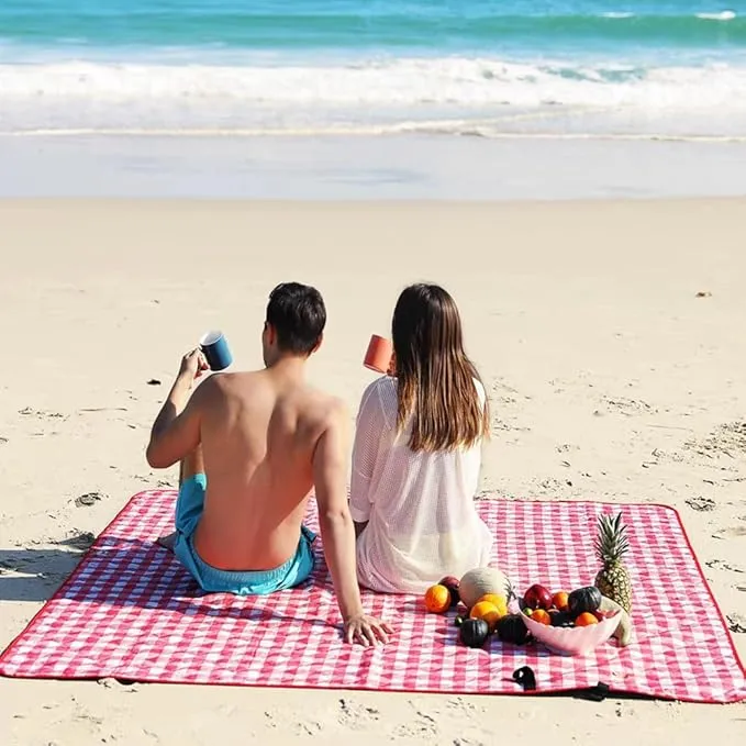 K Y KANGYUN XXL Large Beach Blanket (80 "x 79") Picnic Blankets fit 4-7 Adults, Waterproof Sandproof Beach Picnic Mat Foldable Rug with Family Outdoor Blanket for Camping Park Travel (Red Check)