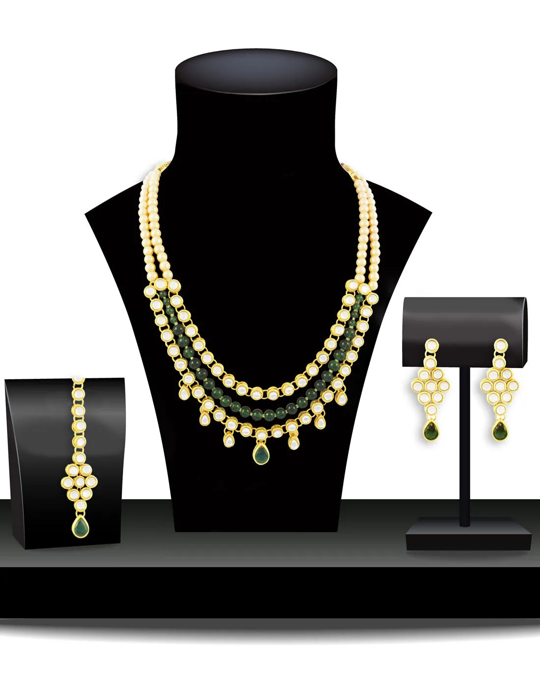 Karatcart 22K GoldPlated Kundan Layered Green Drop Ethnic Rani Haar Necklace Set