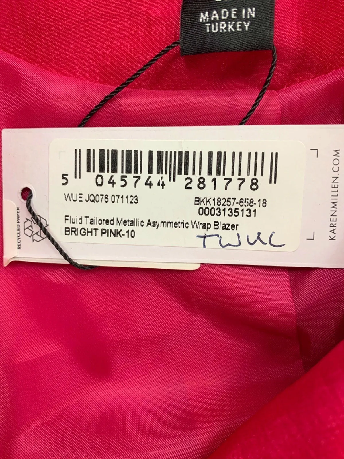 Karen Millen Bright Pink Fluid Tailored Metallic Asymmetric Wrap Blazer UK 10