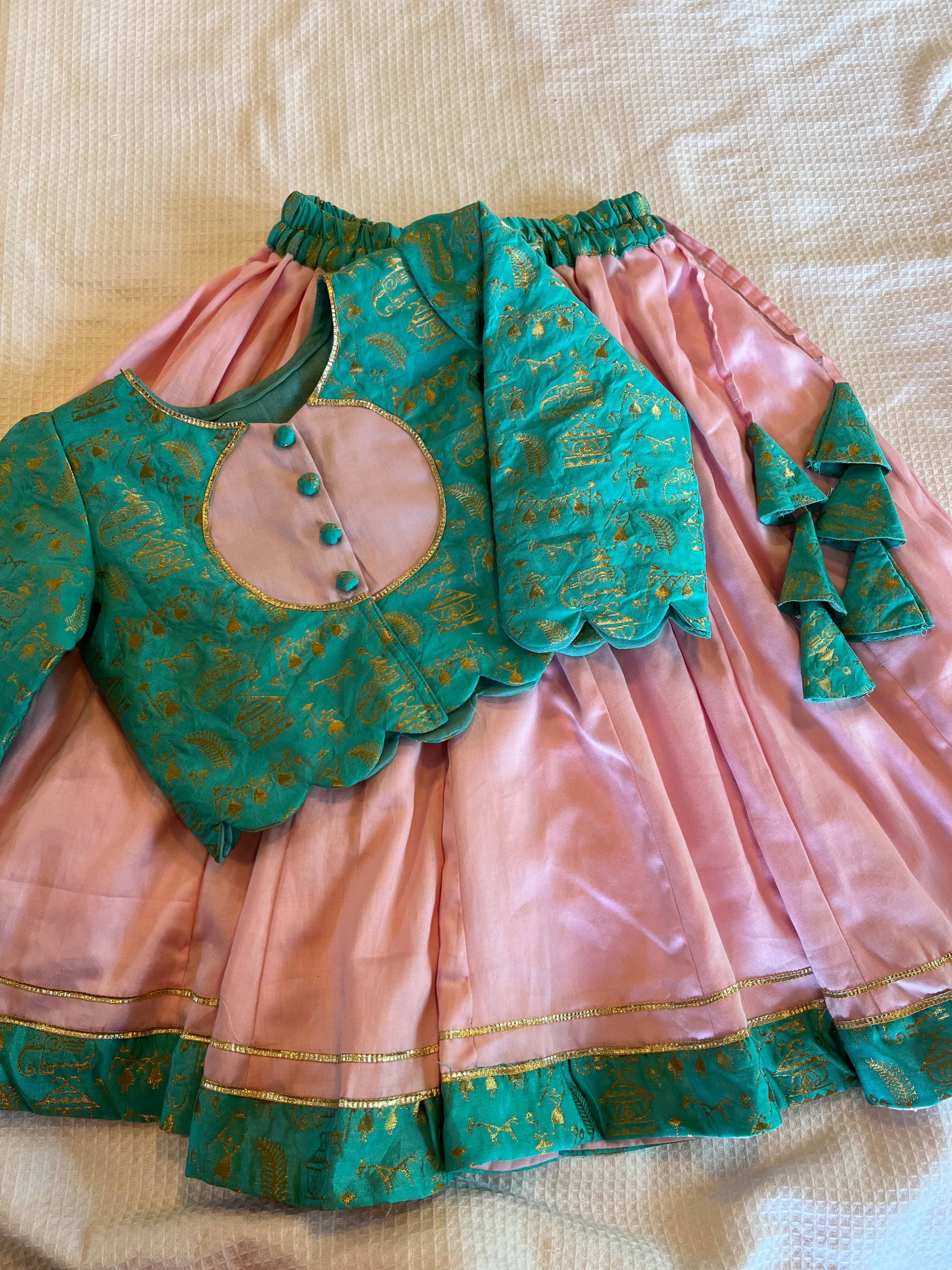 Klingaru Lehanga Choli  - Green with Pink Skirt - Banarasi hand woven with  Glaze Cotton Skirt  -  Preorder