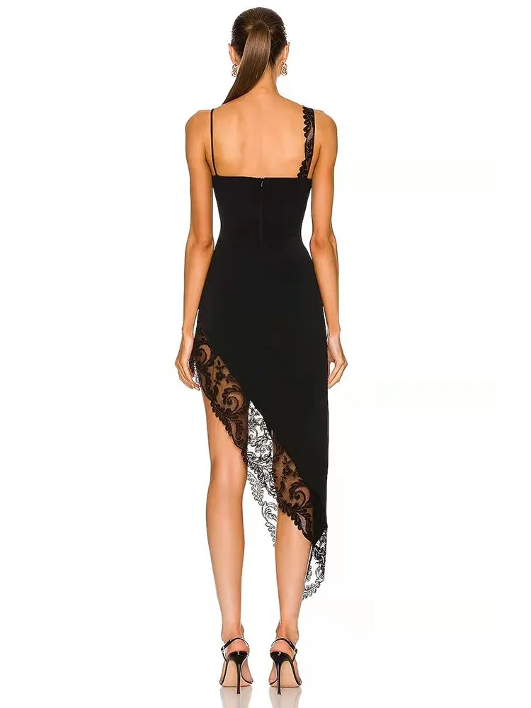 Lace Sleeveless Sexy Cutout Ladies Skinny Asymmetric Dress