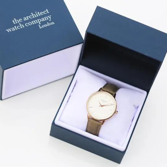 Ladies Engraved Watch with light Grey Leather Strap