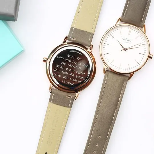 Ladies Engraved Watch with light Grey Leather Strap