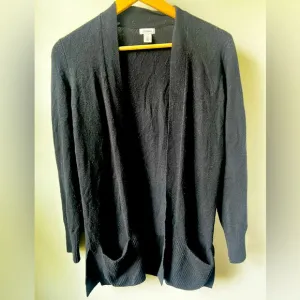 LL Bean Classic Open Cardigan Pocket Black Long  Cashmere Capsule Wardrobe XS