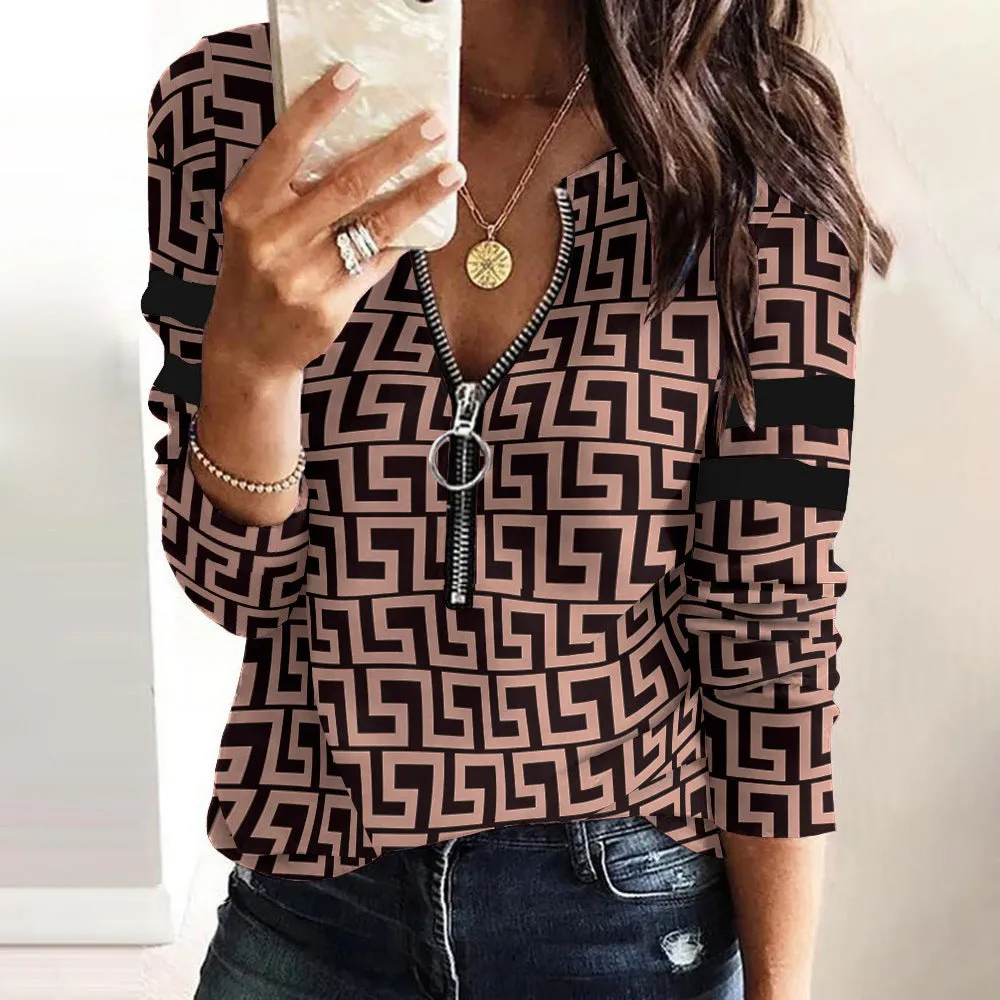 Long Sleeve Logo Shirt with Metallic Zipper Closure