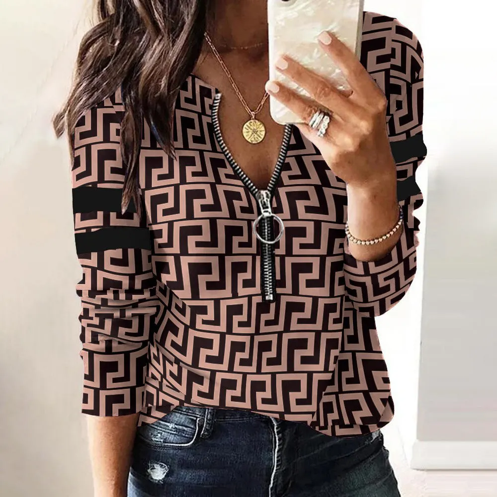 Long Sleeve Logo Shirt with Metallic Zipper Closure