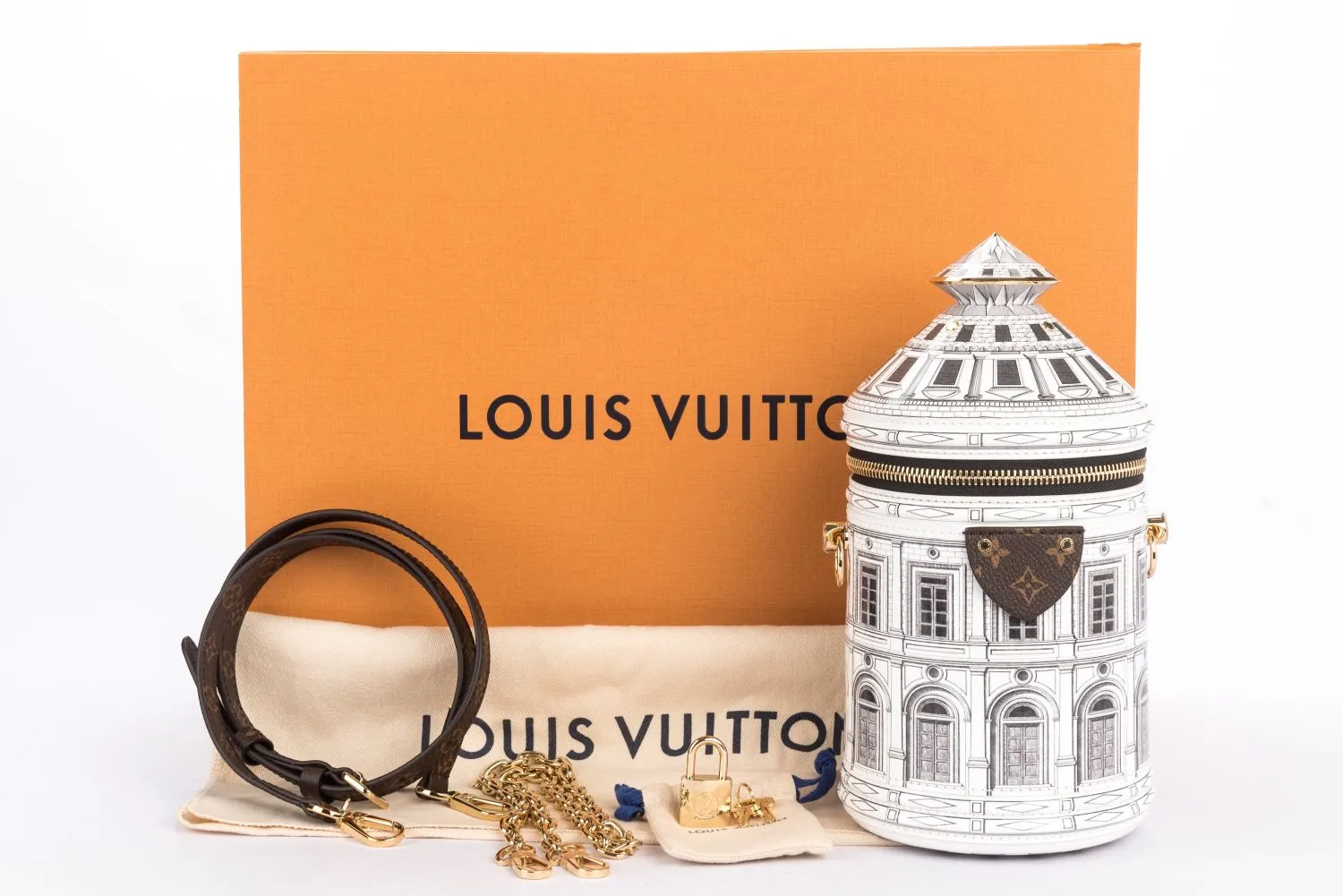 Louis Vuitton Fornasetti Cannes Vase Architettura Handbag (M59143), Gold Hardware, with Strap, Gold Chain, Lock, Keys, Dust Cover & Box