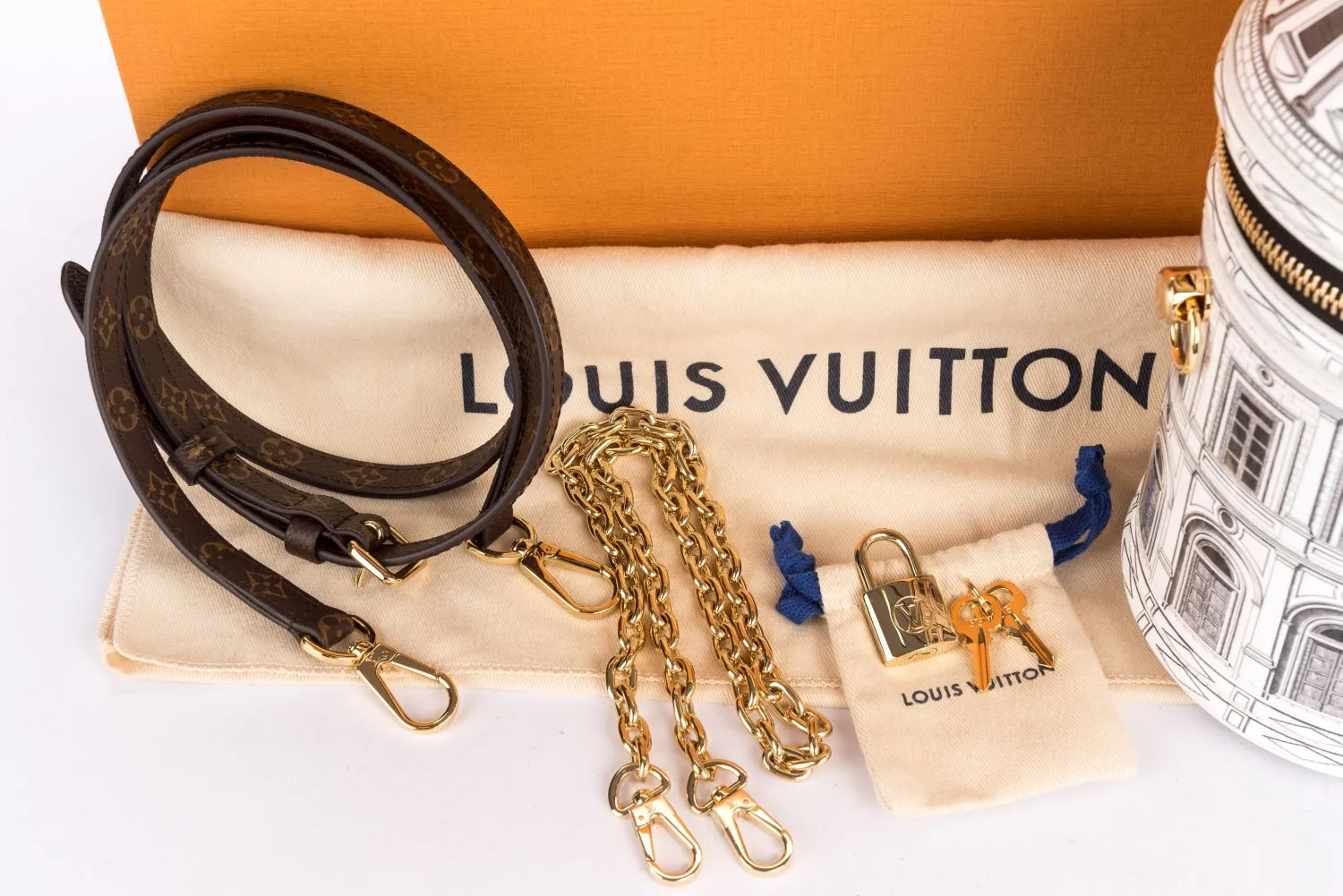 Louis Vuitton Fornasetti Cannes Vase Architettura Handbag (M59143), Gold Hardware, with Strap, Gold Chain, Lock, Keys, Dust Cover & Box