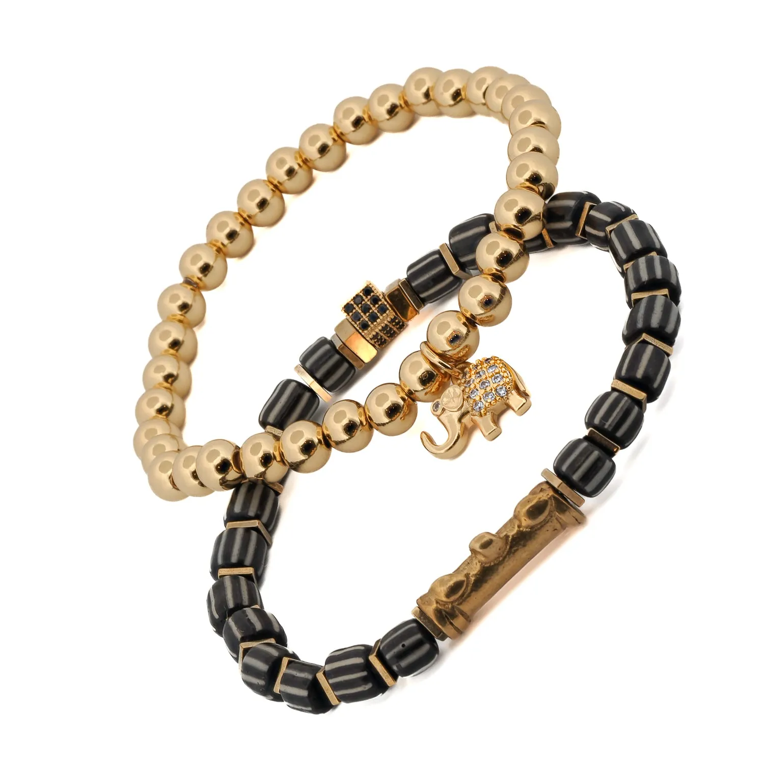 Lucky Gold Elephant & Ethnic Black Beaded Bracelet Set