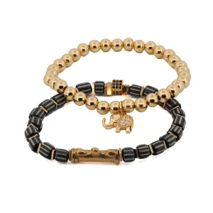 Lucky Gold Elephant & Ethnic Black Beaded Bracelet Set