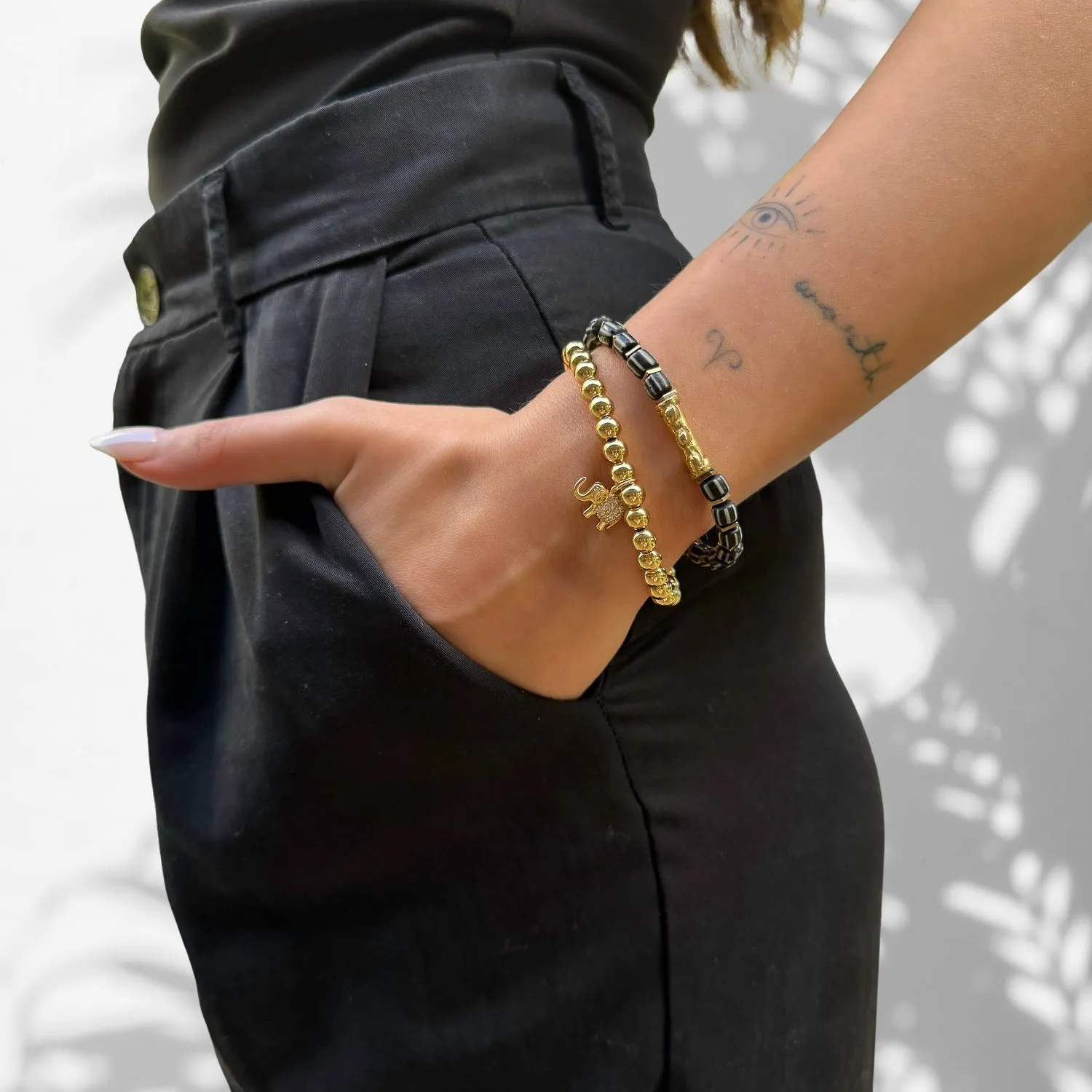 Lucky Gold Elephant & Ethnic Black Beaded Bracelet Set