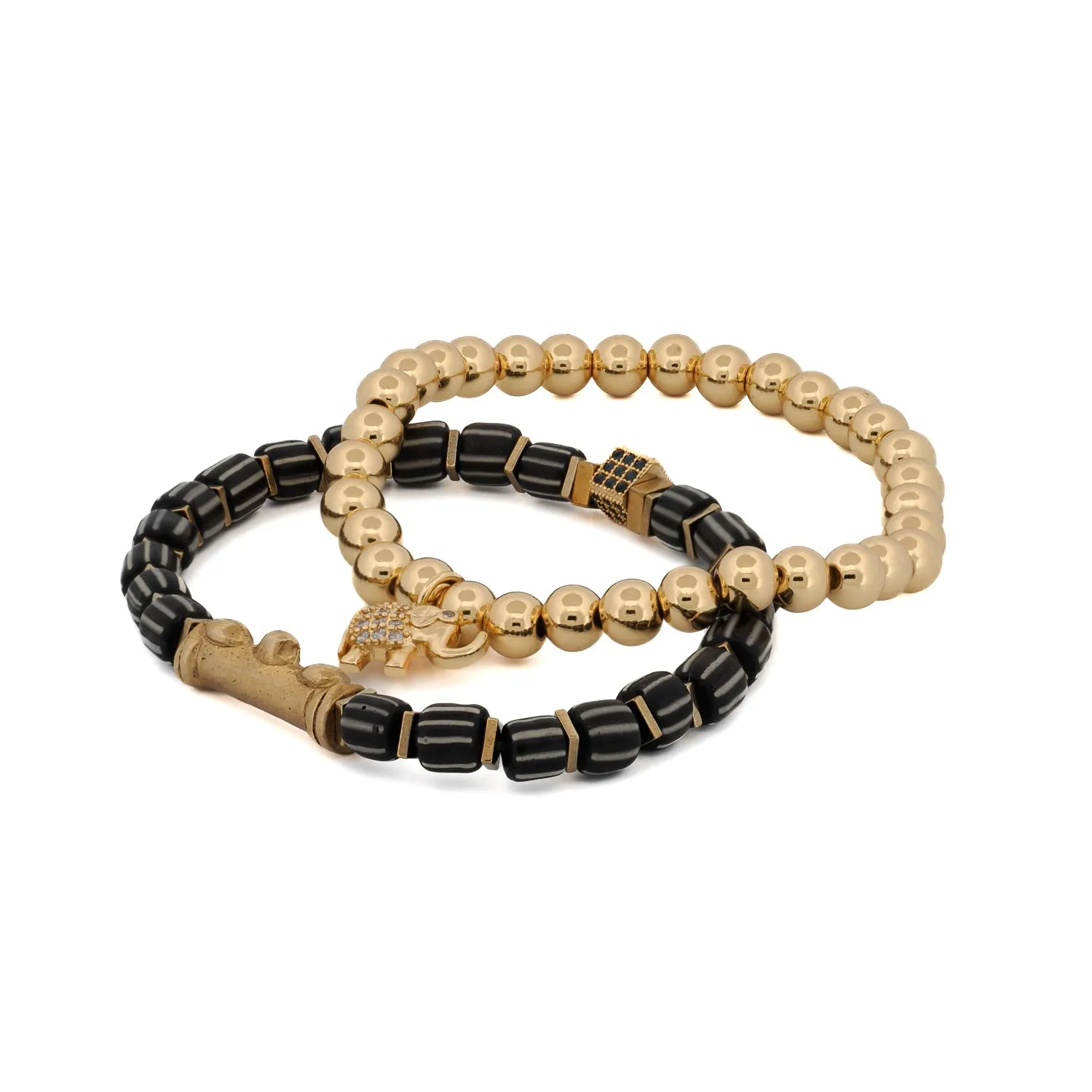 Lucky Gold Elephant & Ethnic Black Beaded Bracelet Set