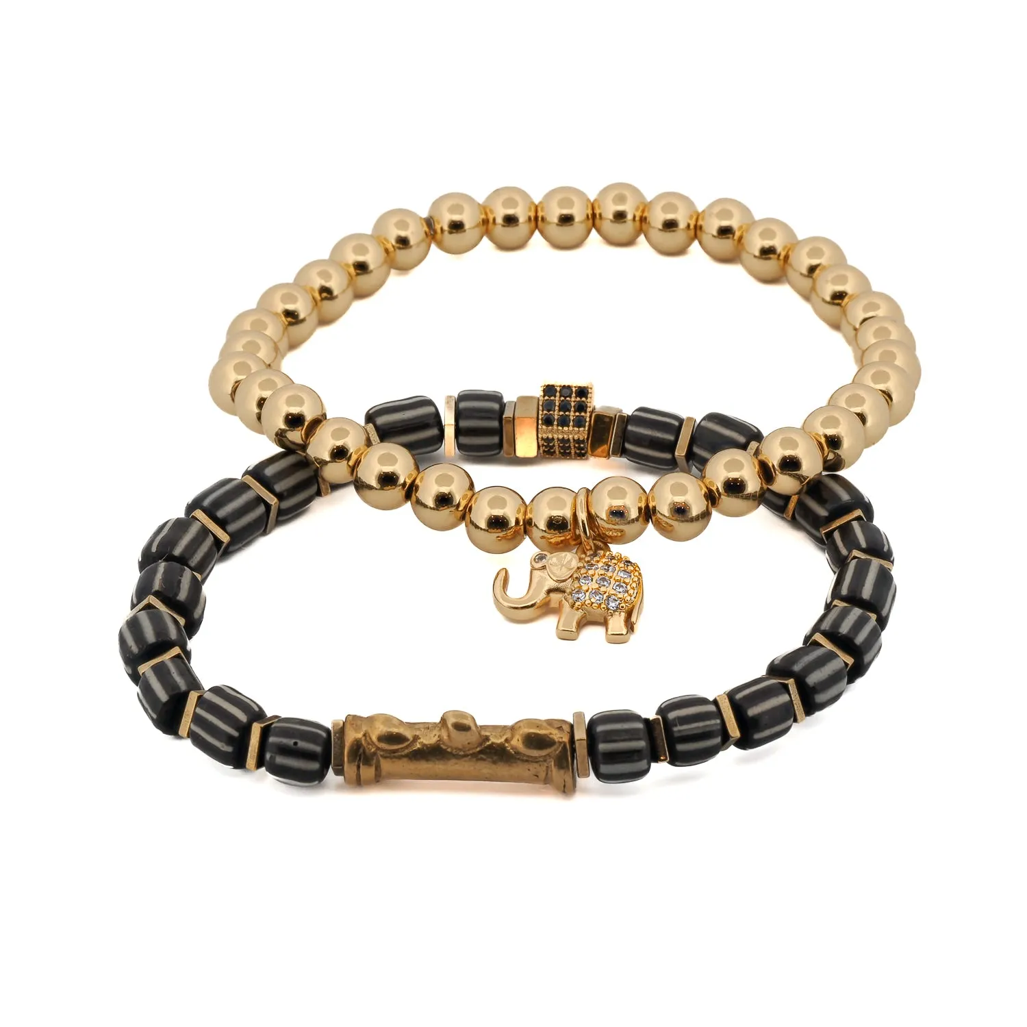 Lucky Gold Elephant & Ethnic Black Beaded Bracelet Set