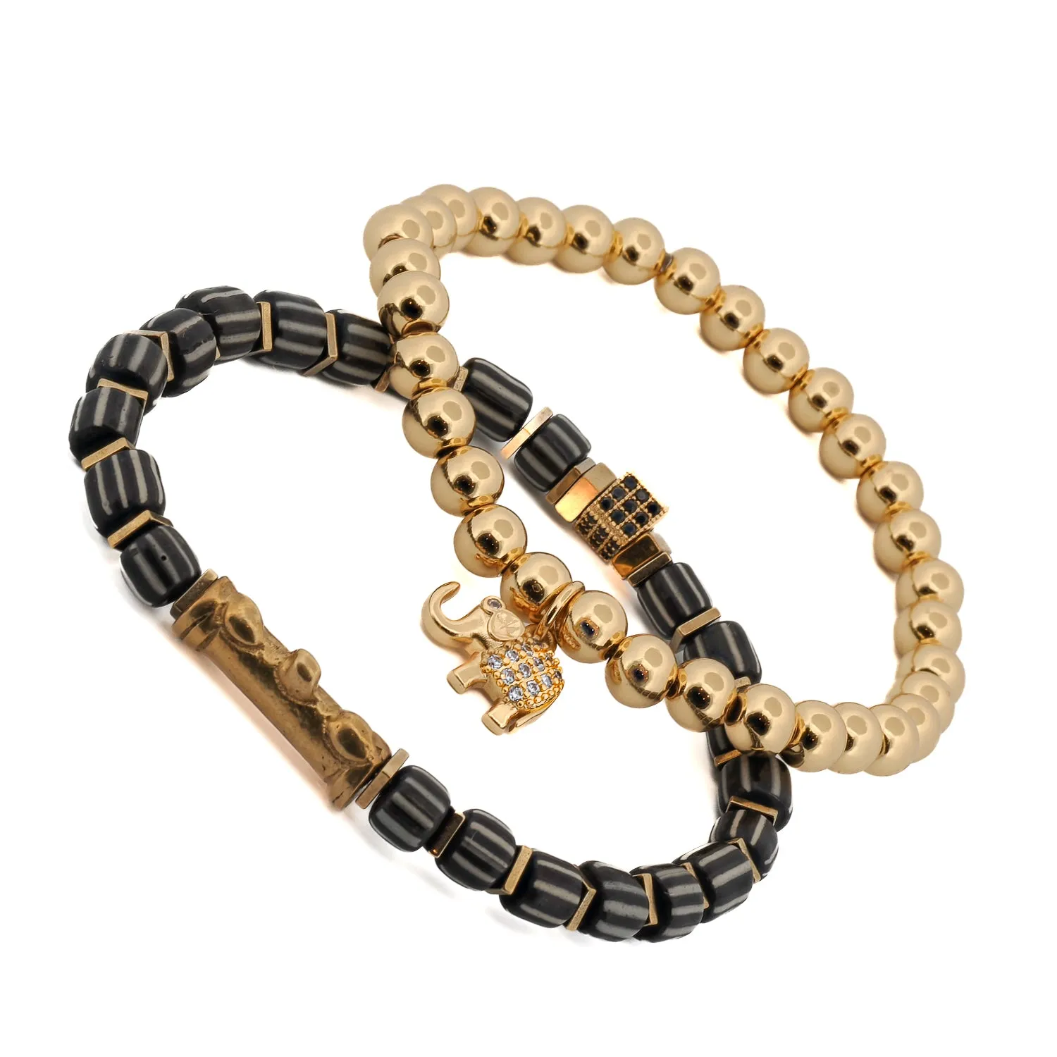 Lucky Gold Elephant & Ethnic Black Beaded Bracelet Set