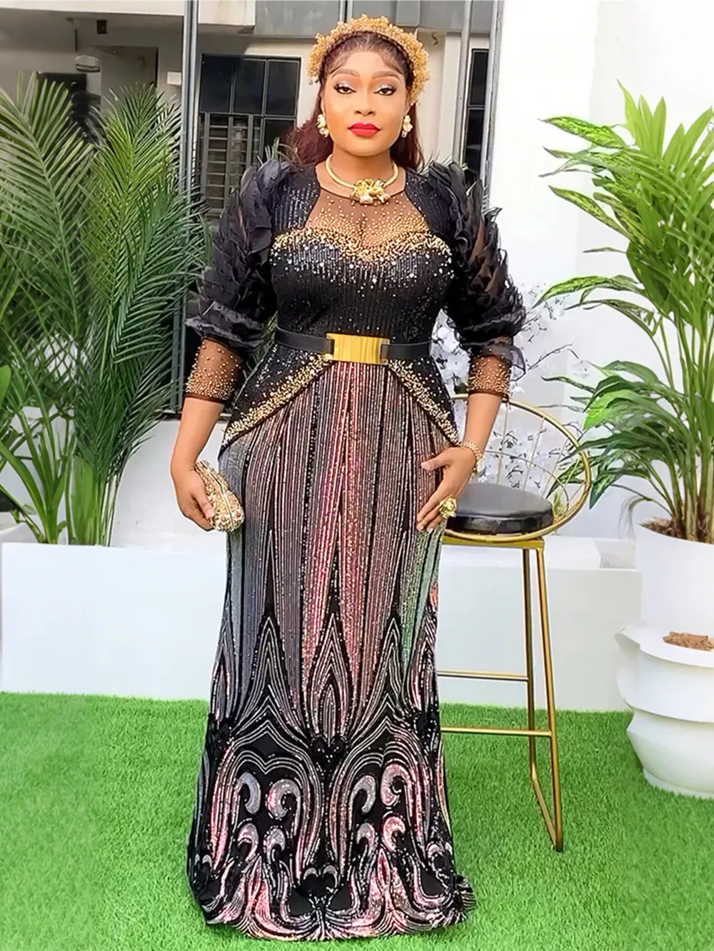 Luxurious Beaded Sequin Long Sleeve Evening Gown with Regal Flair