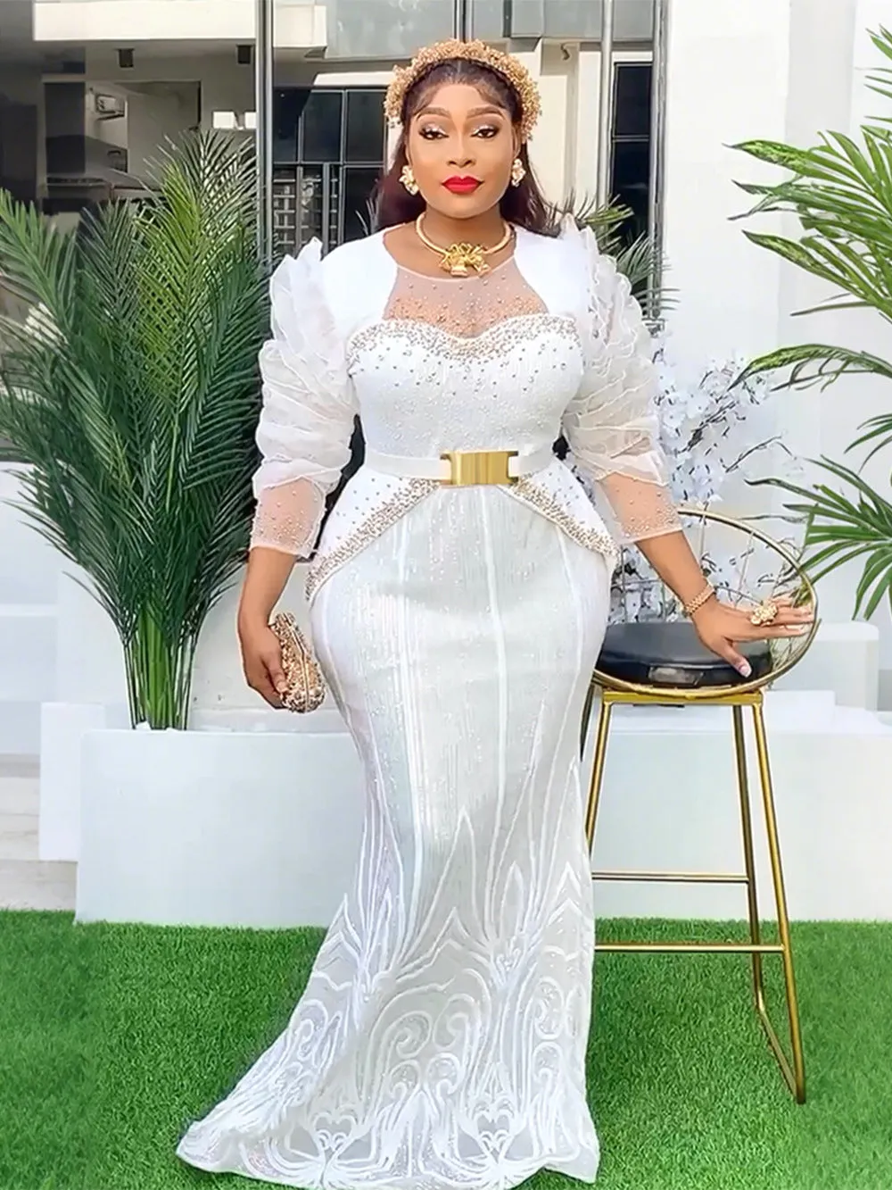 Luxurious Beaded Sequin Long Sleeve Evening Gown with Regal Flair