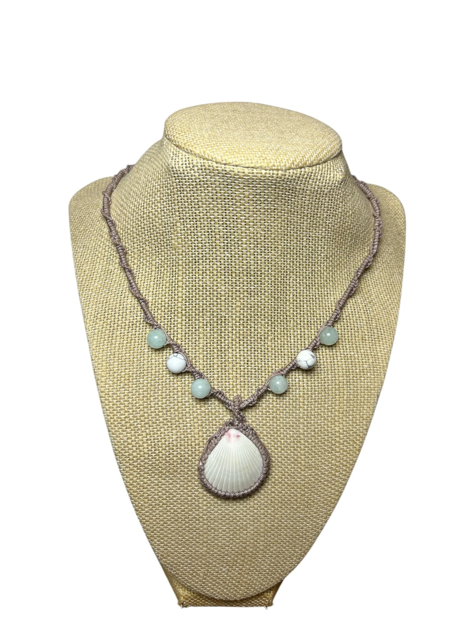 Macrame Necklace: Wrapped Scallop Shell Amazonite Howlite