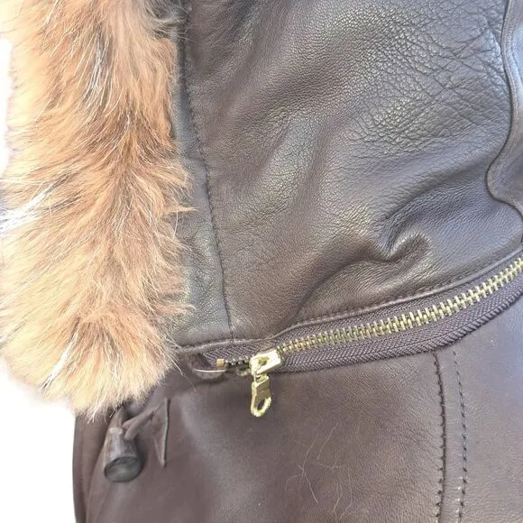 MED ANDREW Marc NY Leather coyote Fur Trim DETACHABLE Hood-Draw String Waist