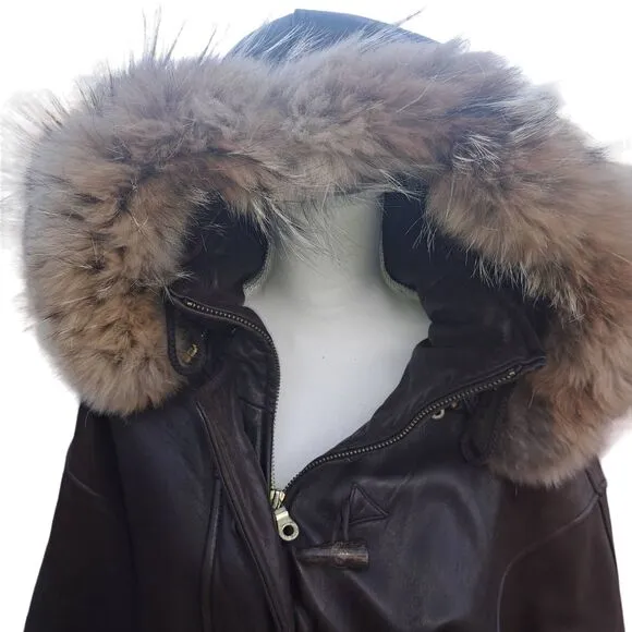 MED ANDREW Marc NY Leather coyote Fur Trim DETACHABLE Hood-Draw String Waist