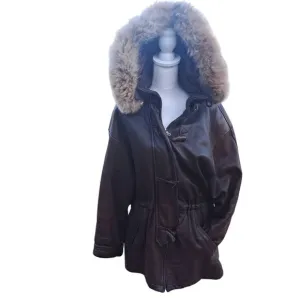 MED ANDREW Marc NY Leather coyote Fur Trim DETACHABLE Hood-Draw String Waist