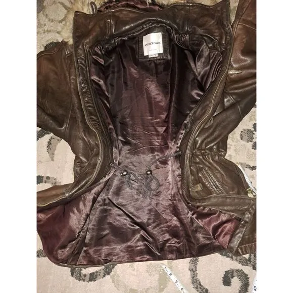 MED ANDREW Marc NY Leather coyote Fur Trim DETACHABLE Hood-Draw String Waist