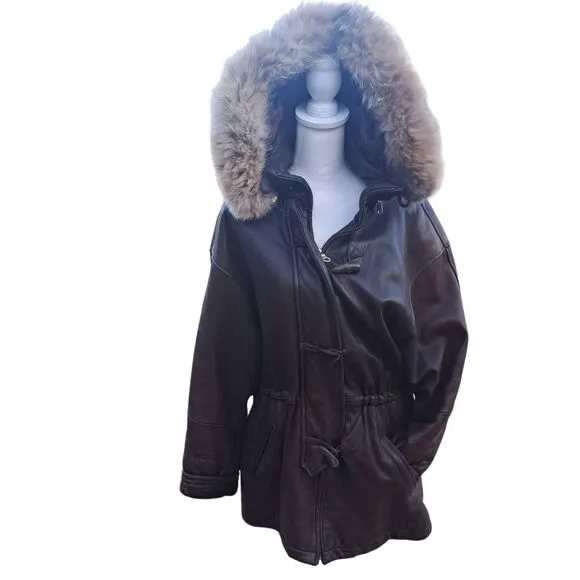 MED ANDREW Marc NY Leather coyote Fur Trim DETACHABLE Hood-Draw String Waist