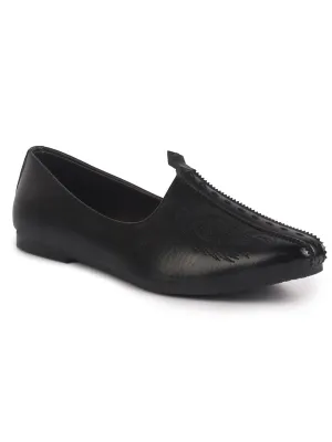 Men Black Emboridery Ethnic Slip On Juttis and Mojaris for Wedding|Party Slip-On|Traditional Kurtas Shoes|Flexible TPR Sole