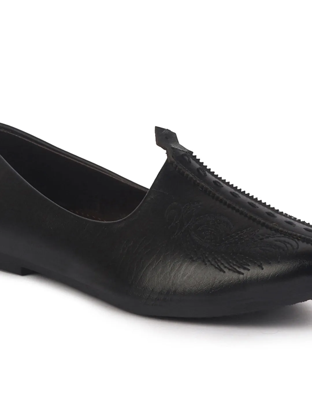 Men Black Emboridery Ethnic Slip On Juttis and Mojaris for Wedding|Party Slip-On|Traditional Kurtas Shoes|Flexible TPR Sole