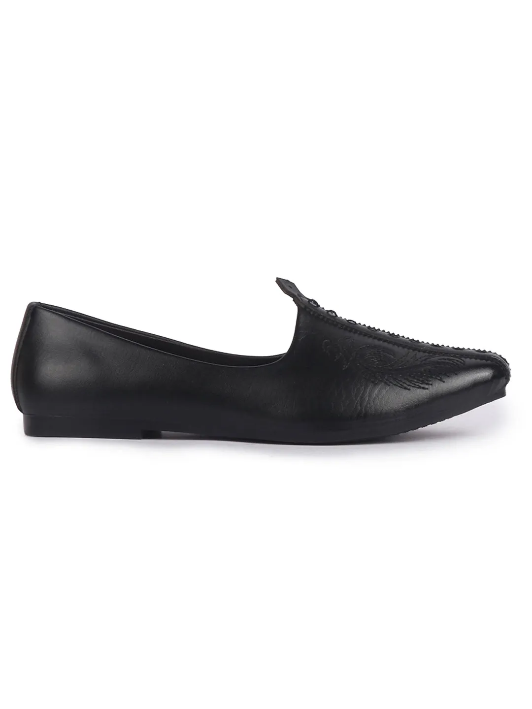 Men Black Emboridery Ethnic Slip On Juttis and Mojaris for Wedding|Party Slip-On|Traditional Kurtas Shoes|Flexible TPR Sole