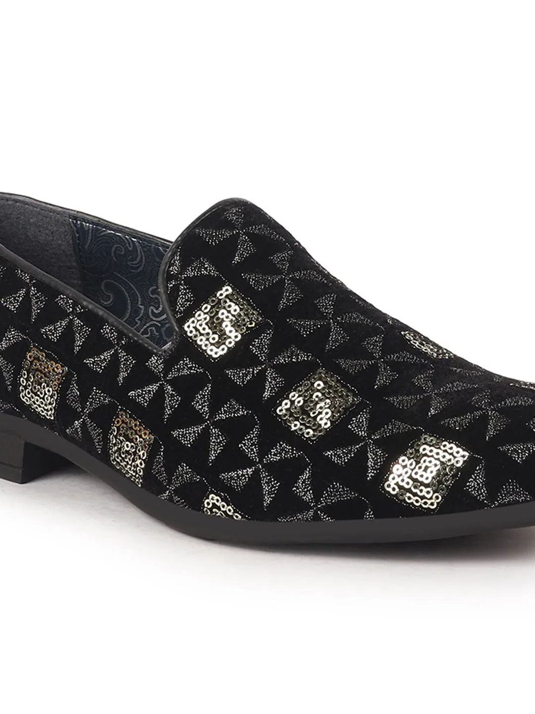Men Black Gold Silk Zardosi Sequin Velvet Ethnic Slip On Juttis and Mojaris for Festive|Traditional Sherwani Shoes for Wedding|Cocktail Slip On Shoes