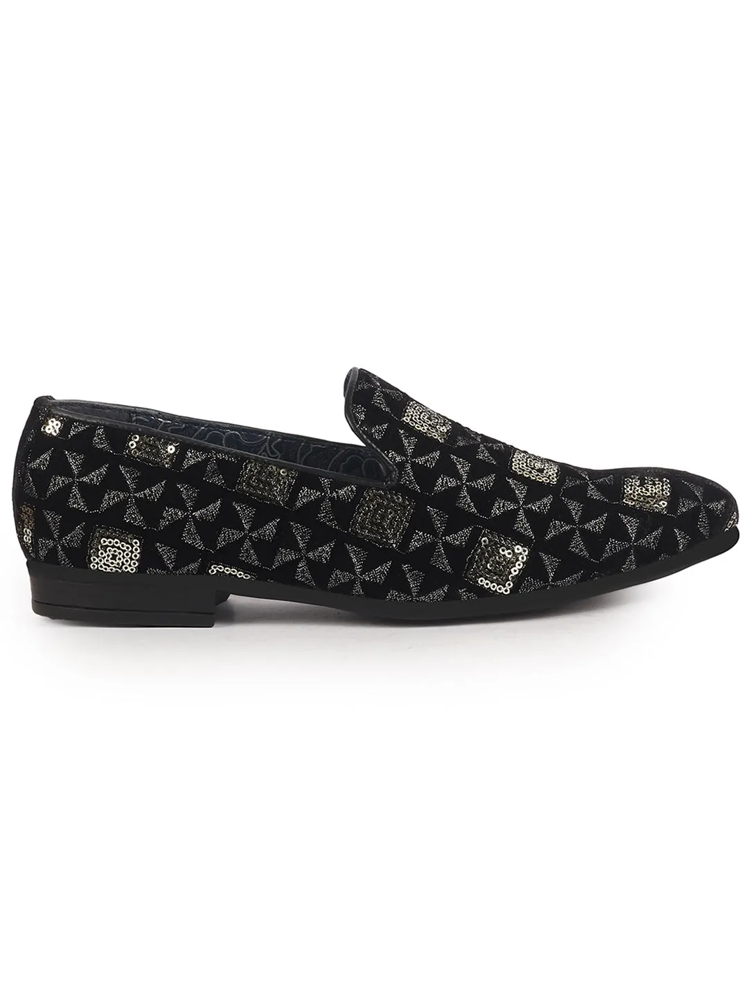 Men Black Gold Silk Zardosi Sequin Velvet Ethnic Slip On Juttis and Mojaris for Festive|Traditional Sherwani Shoes for Wedding|Cocktail Slip On Shoes