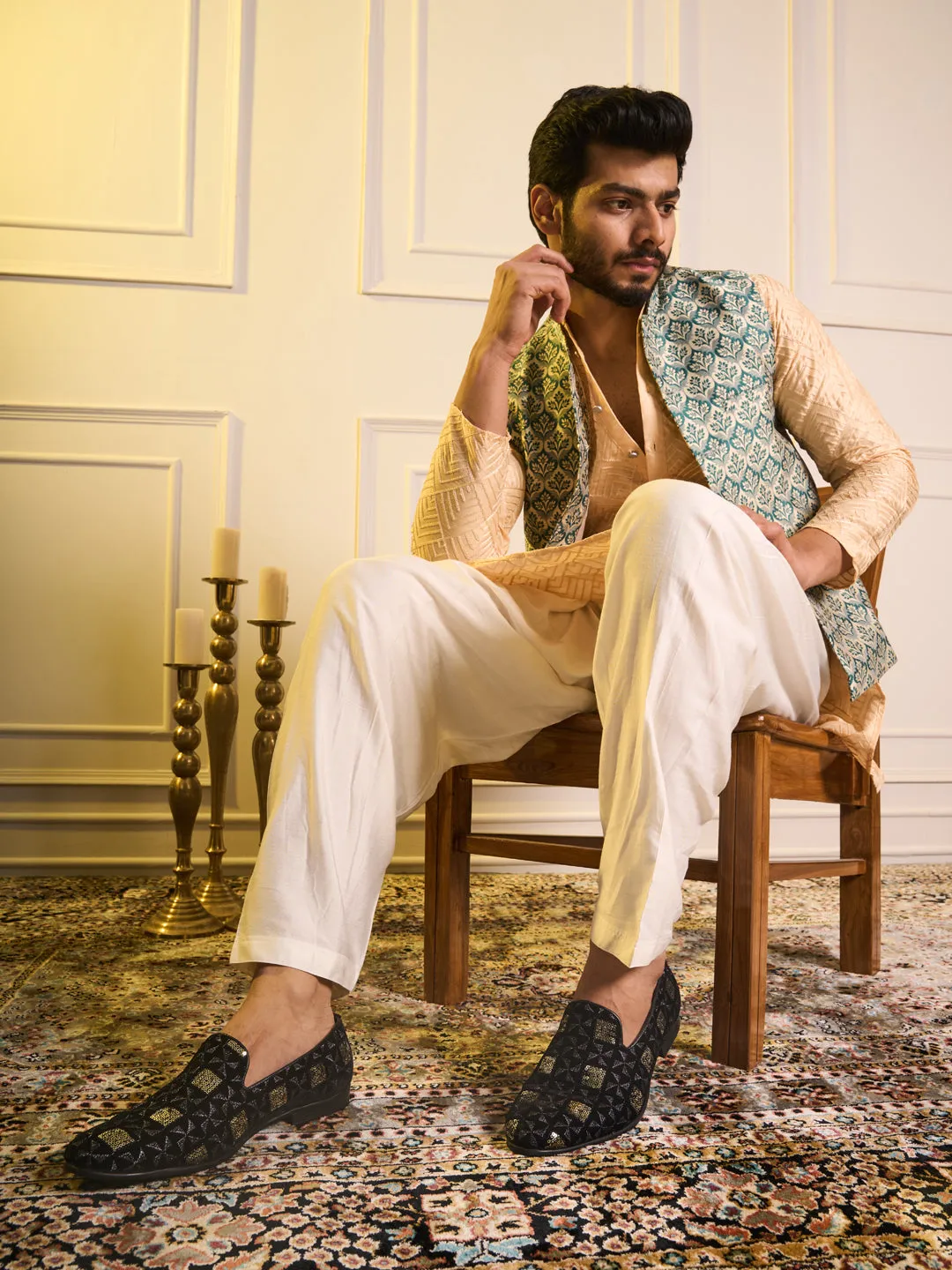 Men Black Gold Silk Zardosi Sequin Velvet Ethnic Slip On Juttis and Mojaris for Festive|Traditional Sherwani Shoes for Wedding|Cocktail Slip On Shoes