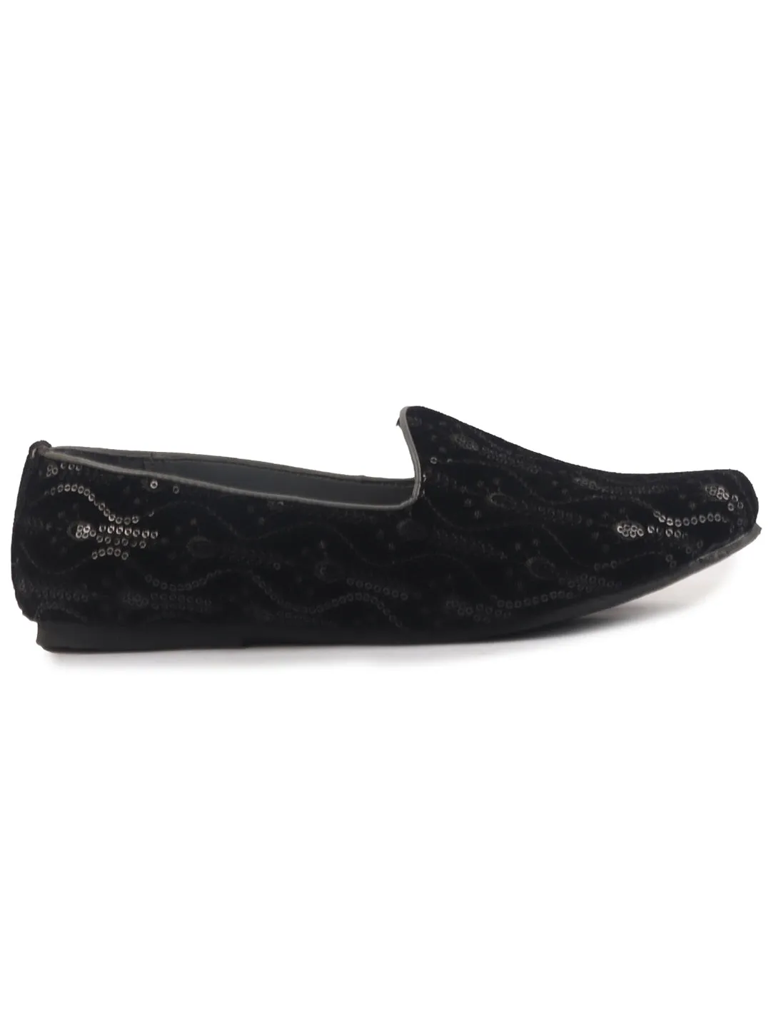 Men Black Silk Zardosi Sequin Velvet Embroidered Ethnic Slip On Juttis and Mojaris for Wedding|Indian Traditional Sherwani Shoes|Groom Slip On Shoes
