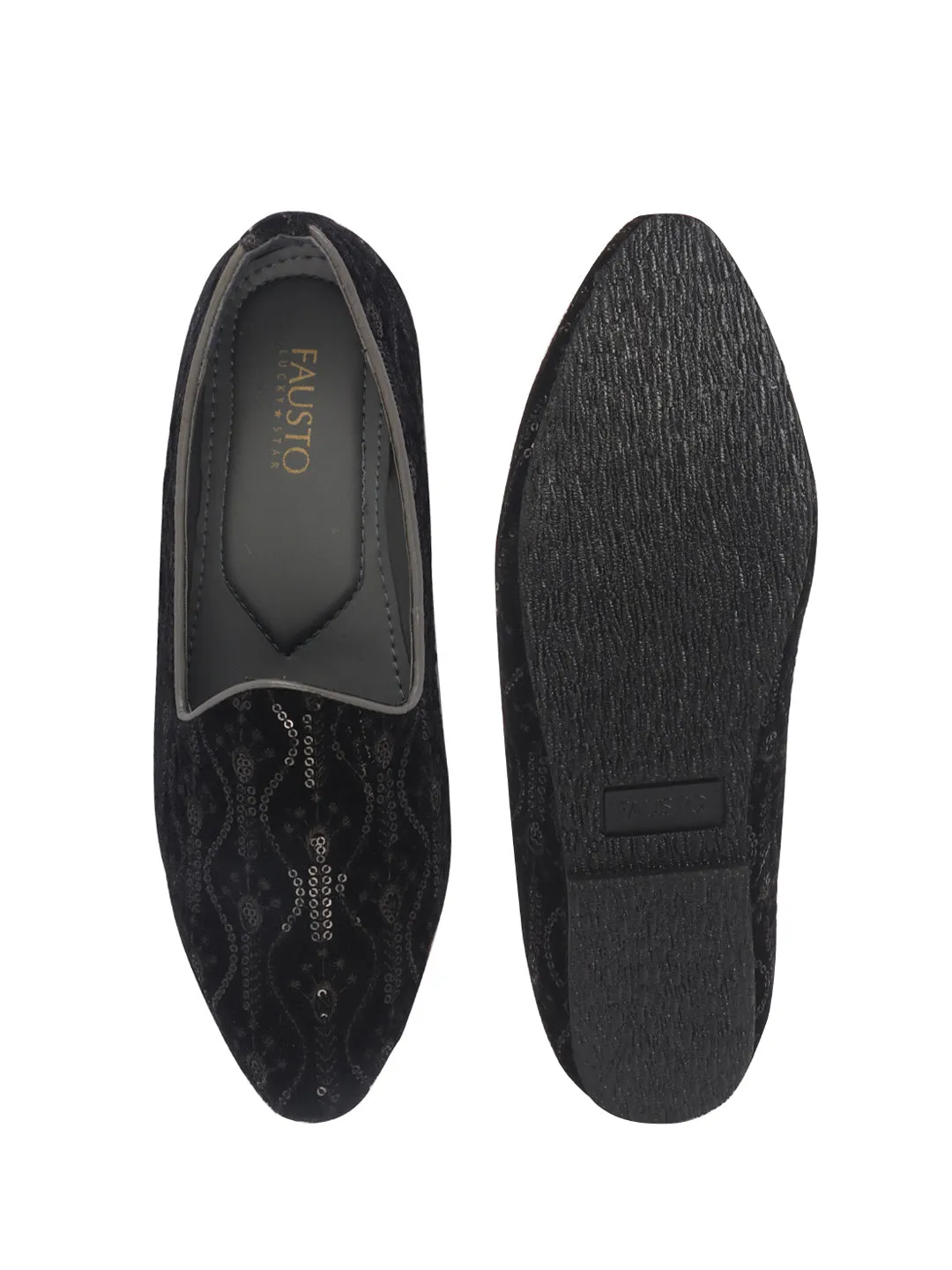 Men Black Silk Zardosi Sequin Velvet Embroidered Ethnic Slip On Juttis and Mojaris for Wedding|Indian Traditional Sherwani Shoes|Groom Slip On Shoes