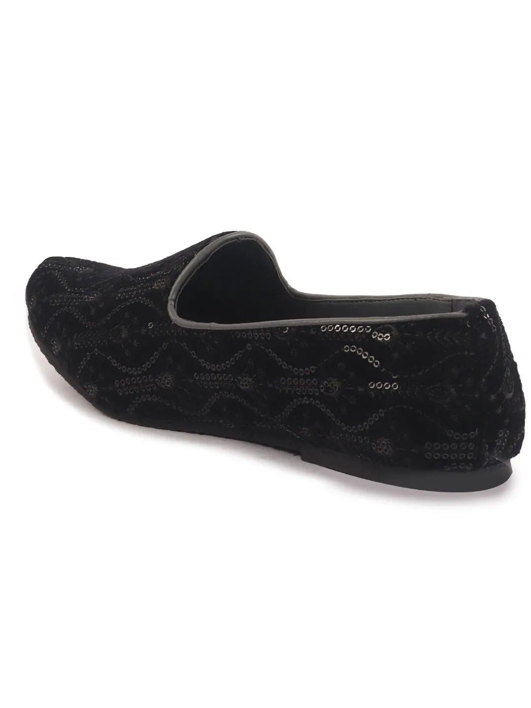 Men Black Silk Zardosi Sequin Velvet Embroidered Ethnic Slip On Juttis and Mojaris for Wedding|Indian Traditional Sherwani Shoes|Groom Slip On Shoes