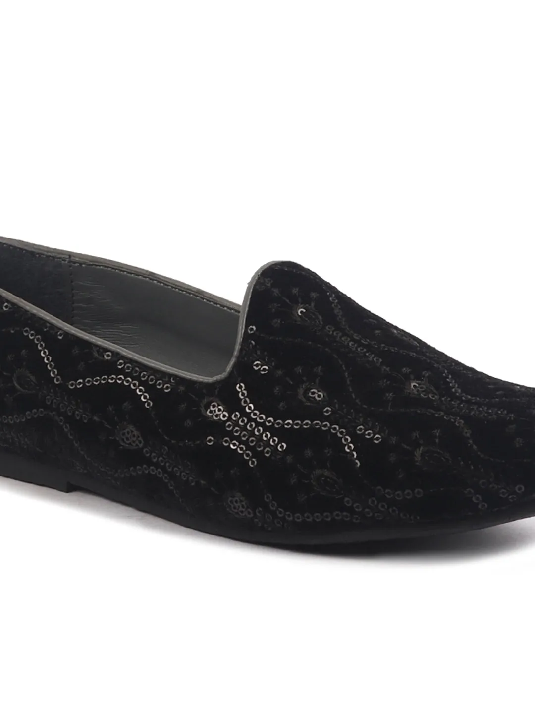 Men Black Silk Zardosi Sequin Velvet Embroidered Ethnic Slip On Juttis and Mojaris for Wedding|Indian Traditional Sherwani Shoes|Groom Slip On Shoes