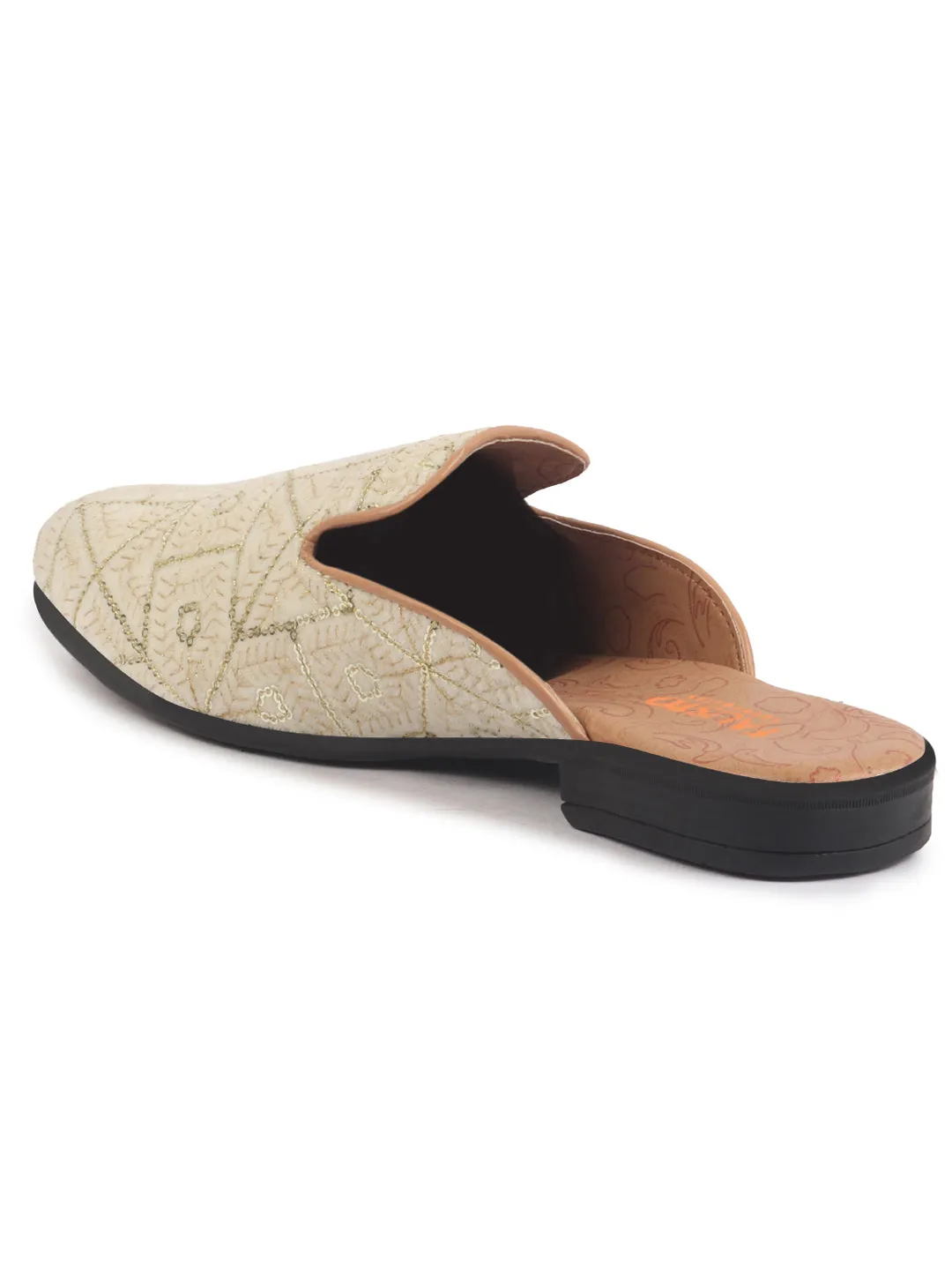 Men Cream Glittering Gold Highlights Embroidered Velvet Slip On Shoe|Traditional Ethnic Juttis for Wedding|Back Open Mules for Festive