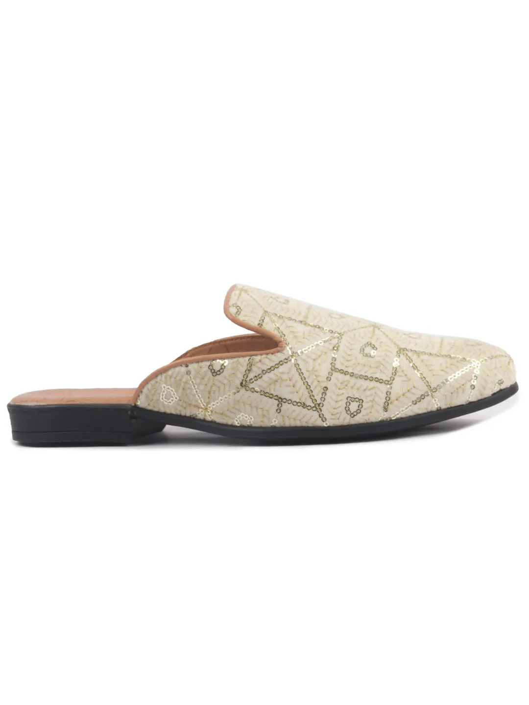 Men Cream Glittering Gold Highlights Embroidered Velvet Slip On Shoe|Traditional Ethnic Juttis for Wedding|Back Open Mules for Festive