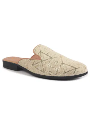 Men Cream Glittering Gold Highlights Embroidered Velvet Slip On Shoe|Traditional Ethnic Juttis for Wedding|Back Open Mules for Festive