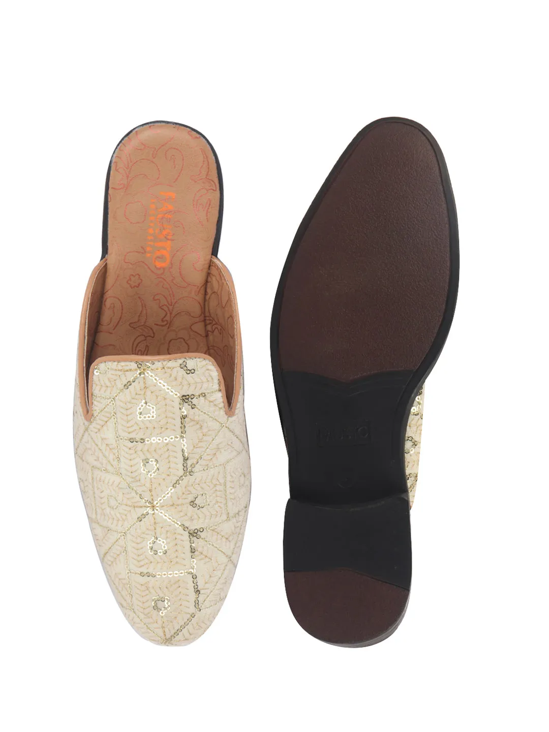 Men Cream Glittering Gold Highlights Embroidered Velvet Slip On Shoe|Traditional Ethnic Juttis for Wedding|Back Open Mules for Festive